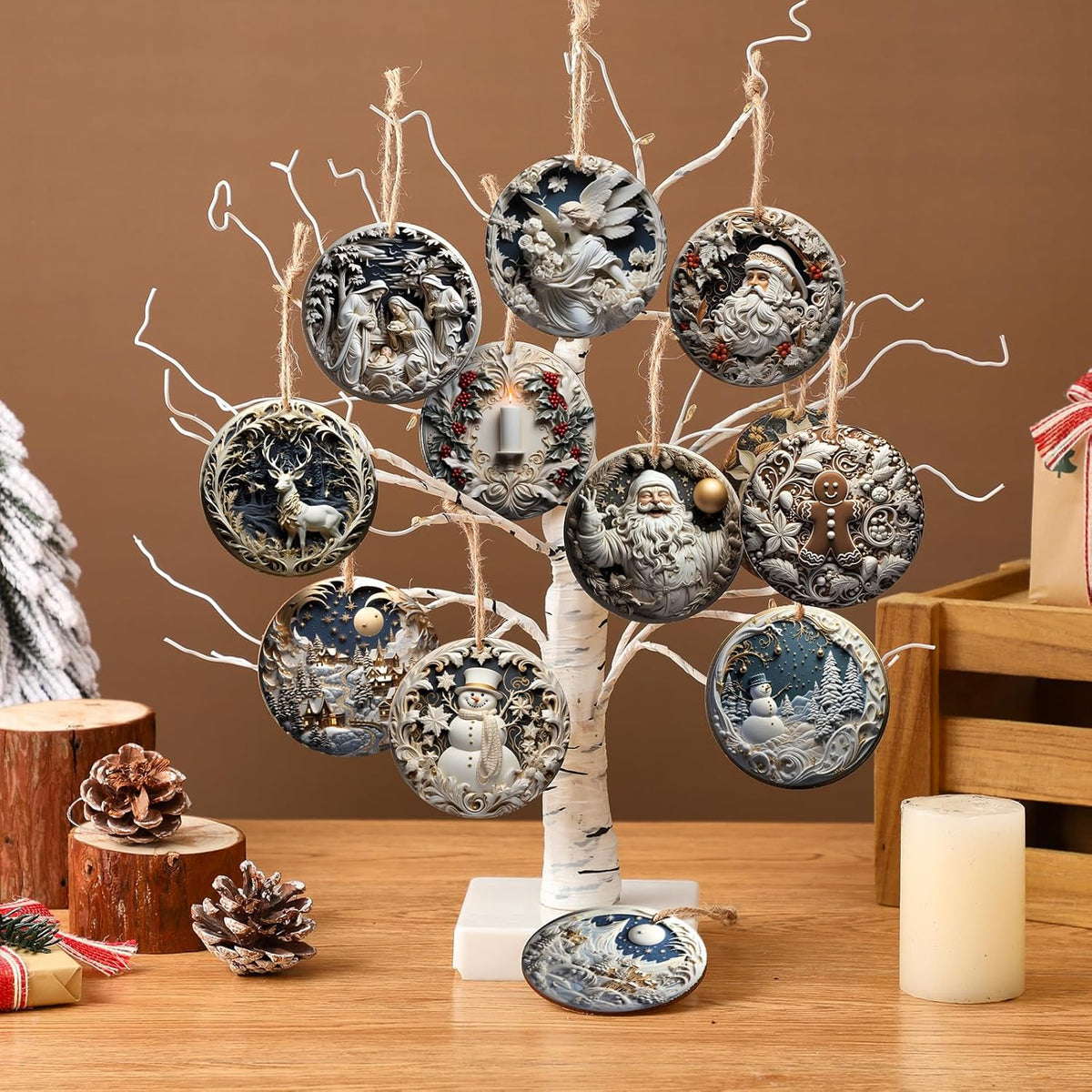 Suzile 36 Pcs Christmas Wooden Ornaments Vintage Christmas Decoration White Sculpture Hanging Decor