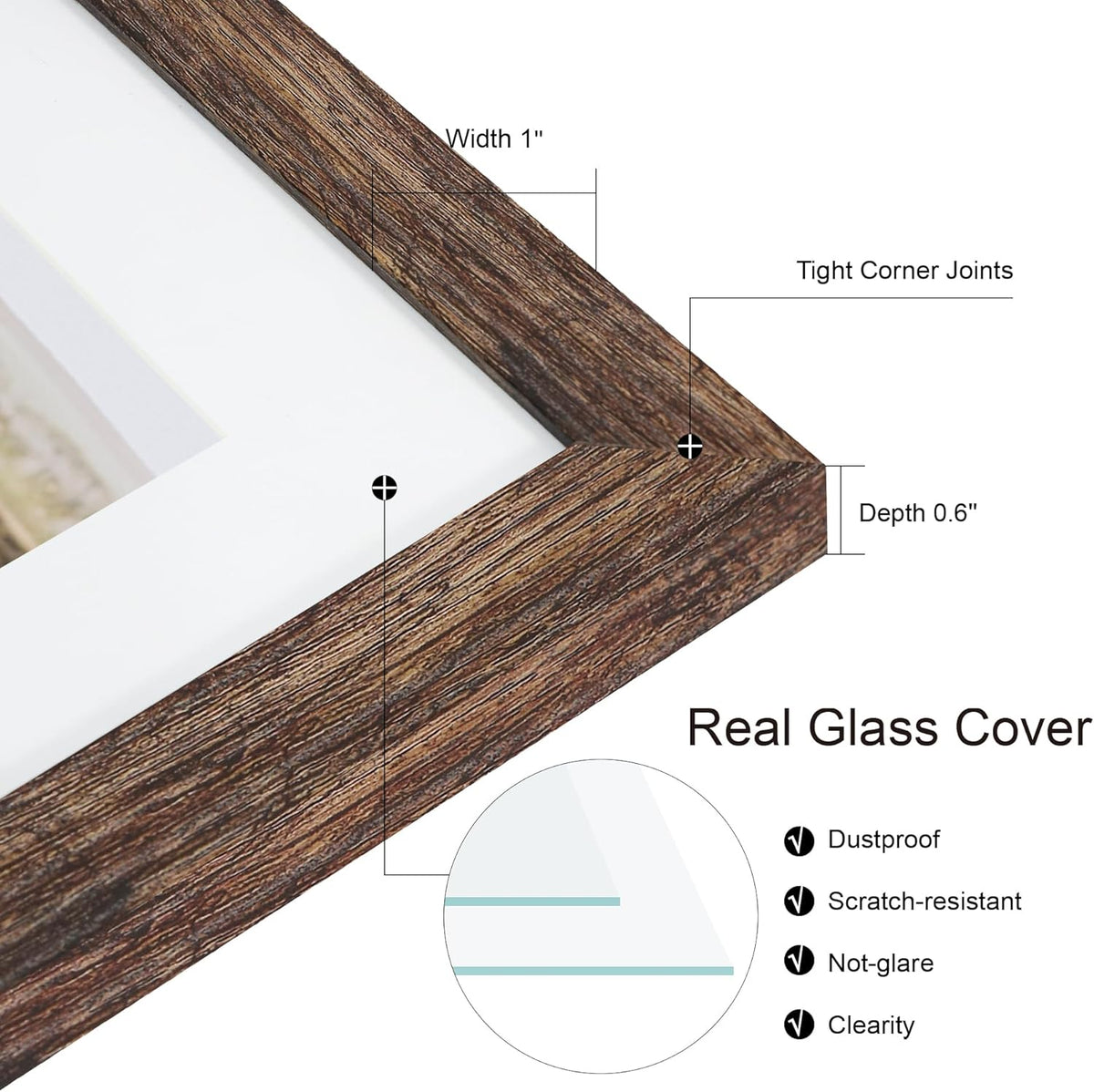 12x12 Picture Frame Set of 2, Rustic Brown Wood Frame with Glass Collage Frame, Display Pictures