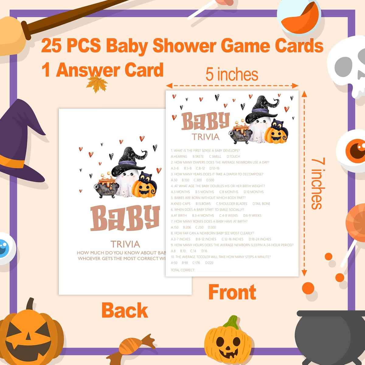 Baby Shower Games, Halloween Baby Trivia, 25 Double-Sided Game Cards + 1 Answer Card for Gender