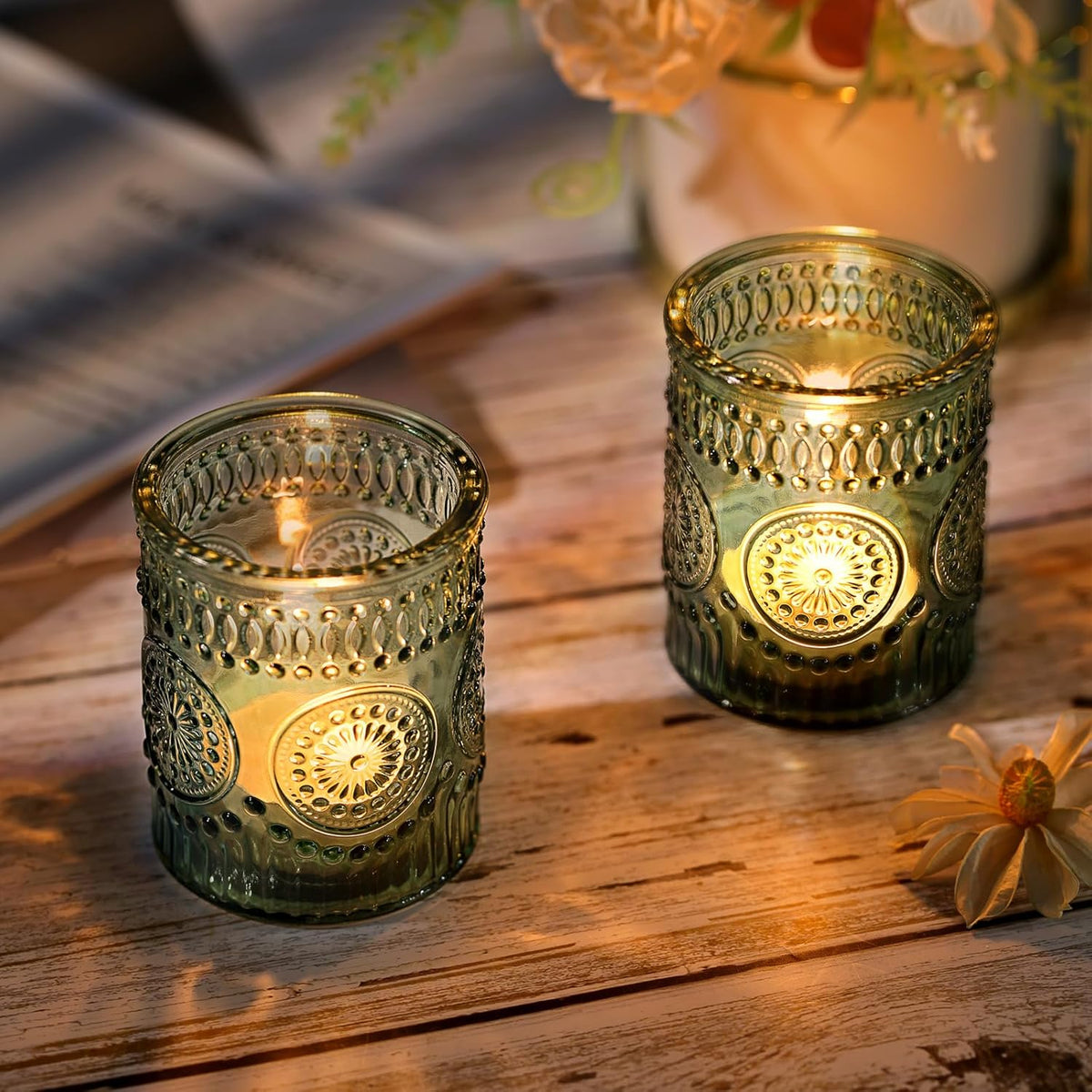 DARJEN Green Votive Candle Holders Set of 36- Glass Candle Holders Bulk for Flameless LED Tea