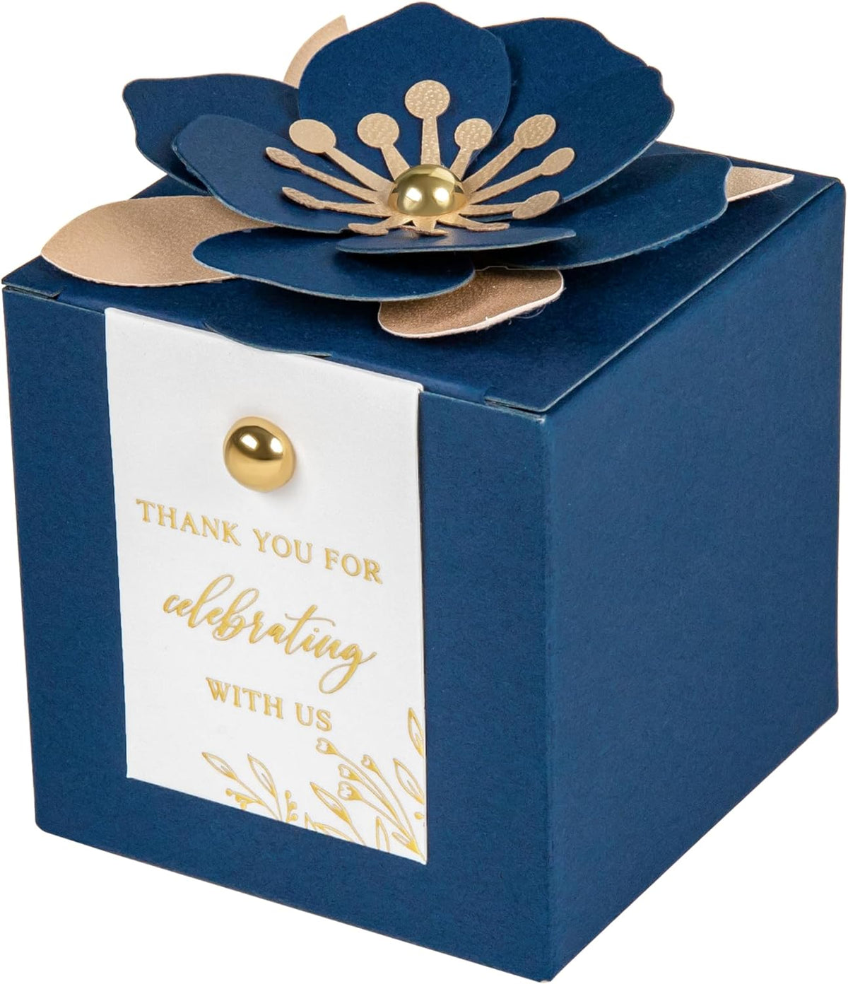 FEIYI 20 PCS Favor Boxes, 3 In 1 Navy Blue Candy Boxes with Floral Decor, White Thank You Tags Gold
