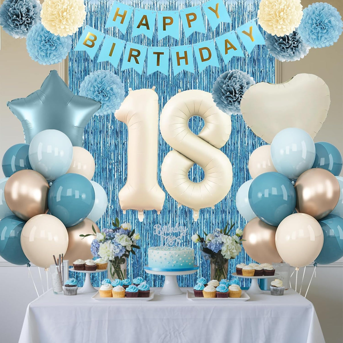 Dusty Blue 18th Birthday Party Decorations Boys Girls Beige Cream Number 18 Balloon with Blue Gold