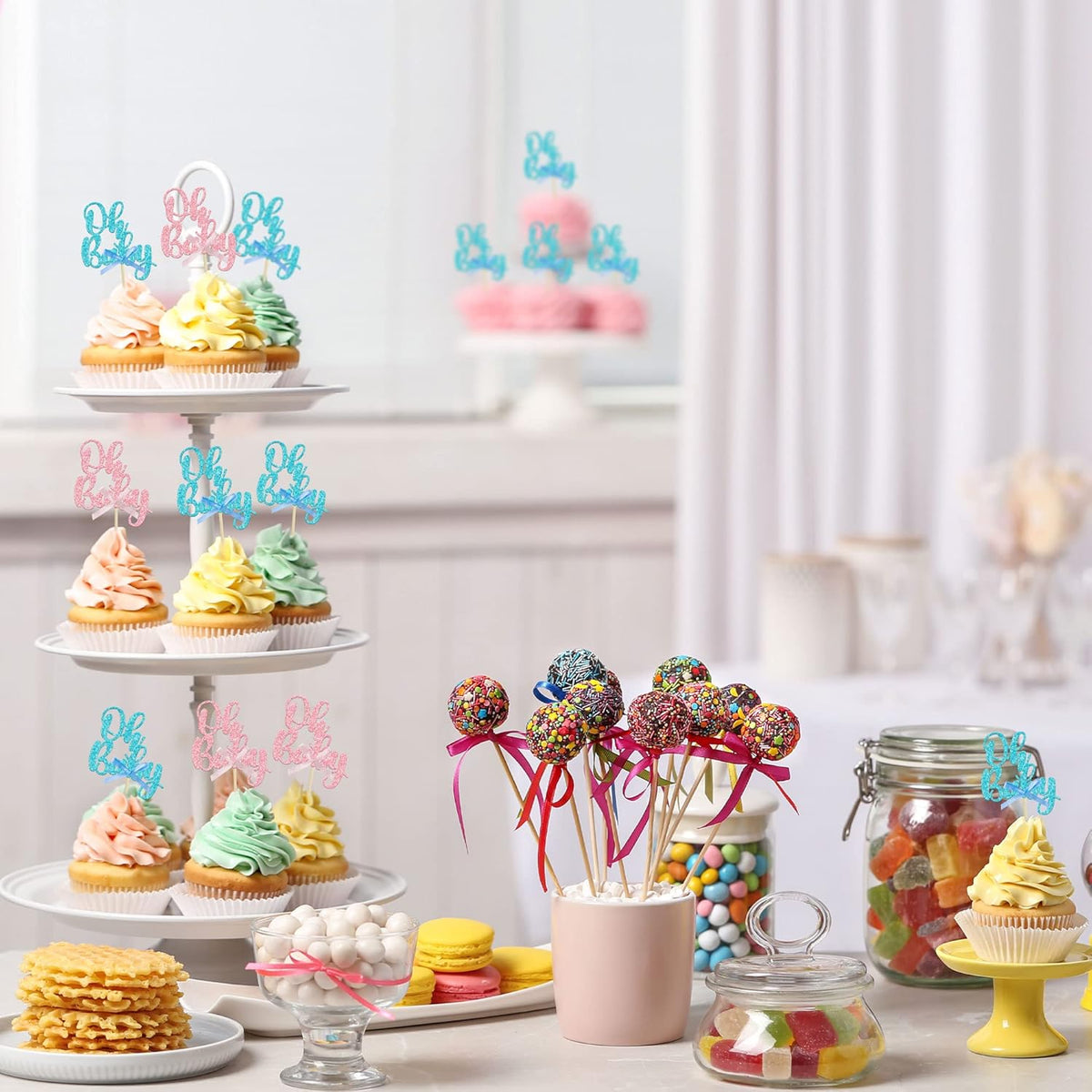 Gyufise 36Pcs Oh Baby Cupcake Toppers Pink Blue Bow Glitter Baby Shower Gender Reveal Cupcake Picks