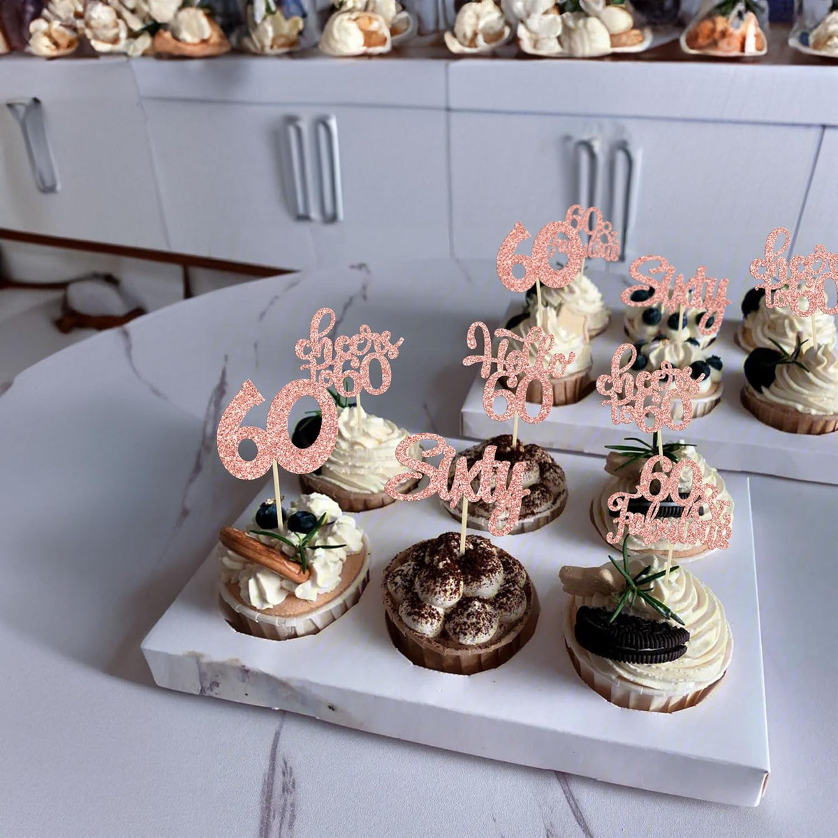30Pcs Happy 60th Birthday Cupcake Toppers Rose Gold Glitter Sixty Cake Toppers Cheers to 60 Years