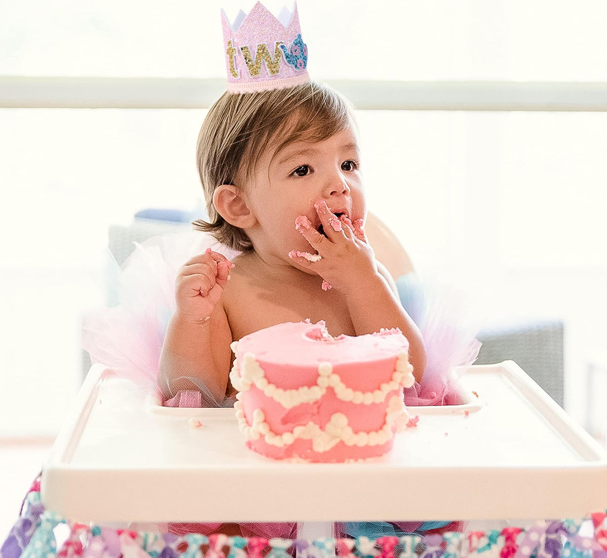 WAUAO Alice in Wonderland Tea Party Decorations - Birthday Crown/Hat, Girl's 2nd Birthday Pink