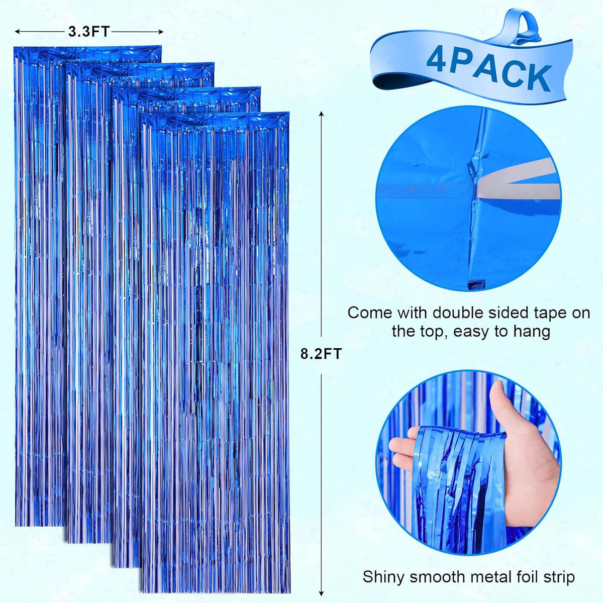 4 Pack Blue Foil Fringe Backdrop Curtains, Tinsel Streamers Birthday Party Decorations, Fringe