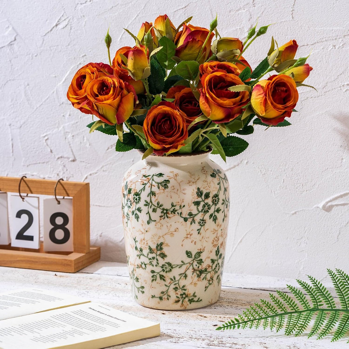 Vintage Pastoral Green and Beige Vase, Round Ceramic Floral Vases, Retro Ice Cracked Chinoiserie