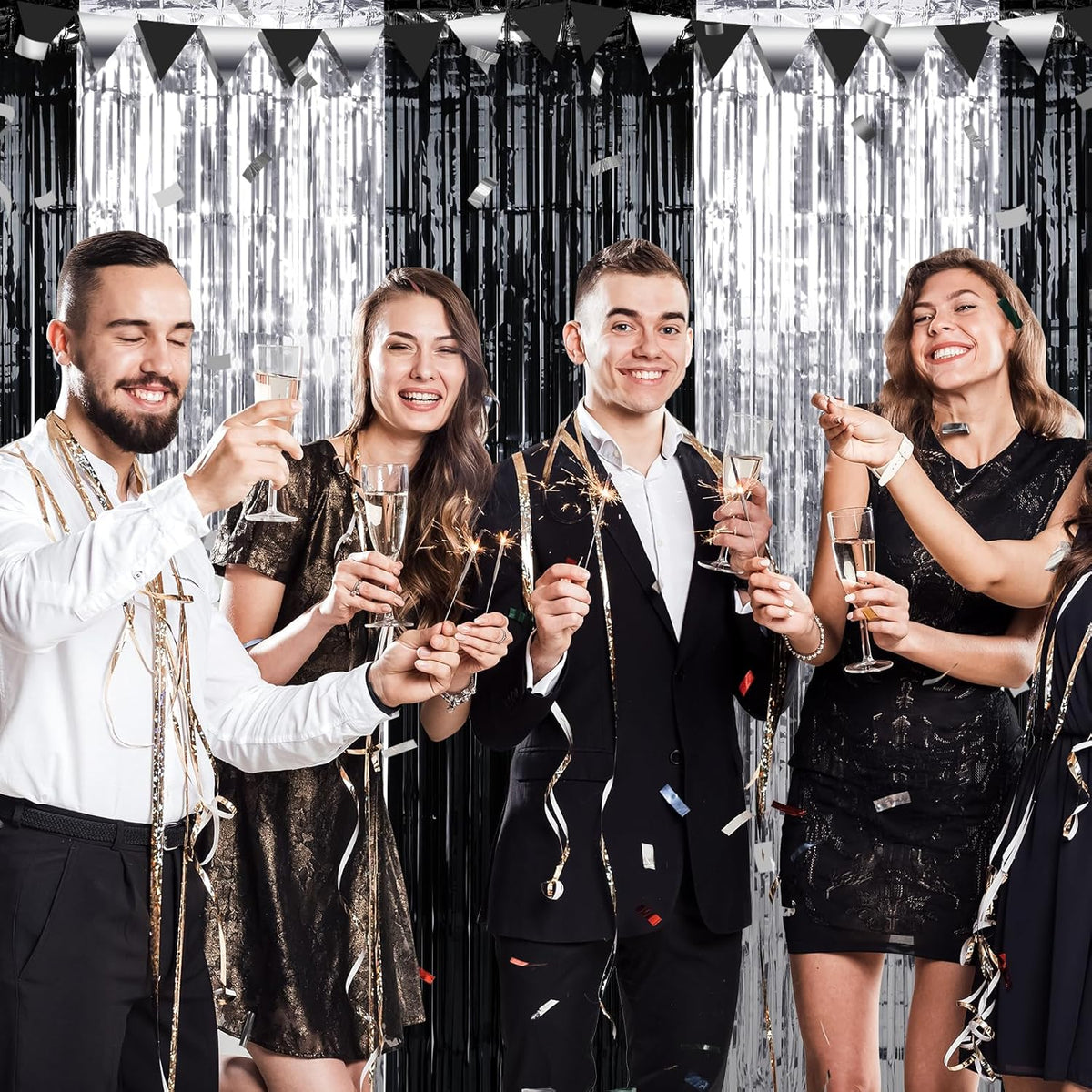 3 Pack 3.3Ft x 6.6Ft Graduation Foil Fringe Curtain Backdrop Decorations, Black Silver Metallic