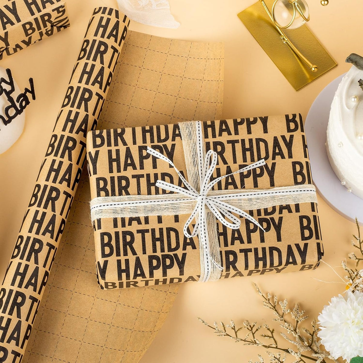 Yarcony Birthday Kraft Wrapping Paper Roll, Mens Gift Wrapping Paper - 17 Inch x 33 Feet - Vintage