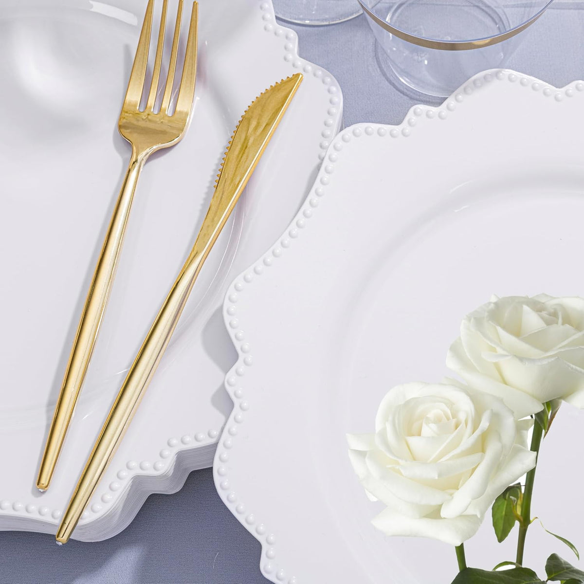 COLOSUS 350pcs White Plastic Plates Disposable Gold Cutlery Dinnerware set for party: 50 Dinner