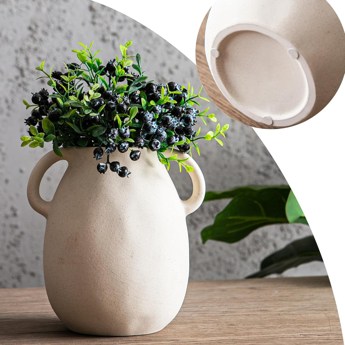 Kimdio White Ceramic Vase with 2 Handles – Sand-Glazed Clay Pottery Vase for Dried Flowers, Rustic