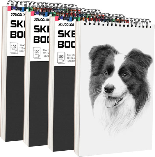 Soucolor Artist 9x12 Sketch Book Set, 4 Pack 100-Sheet Spiral Drawing Pads (68lb/100gsm) |