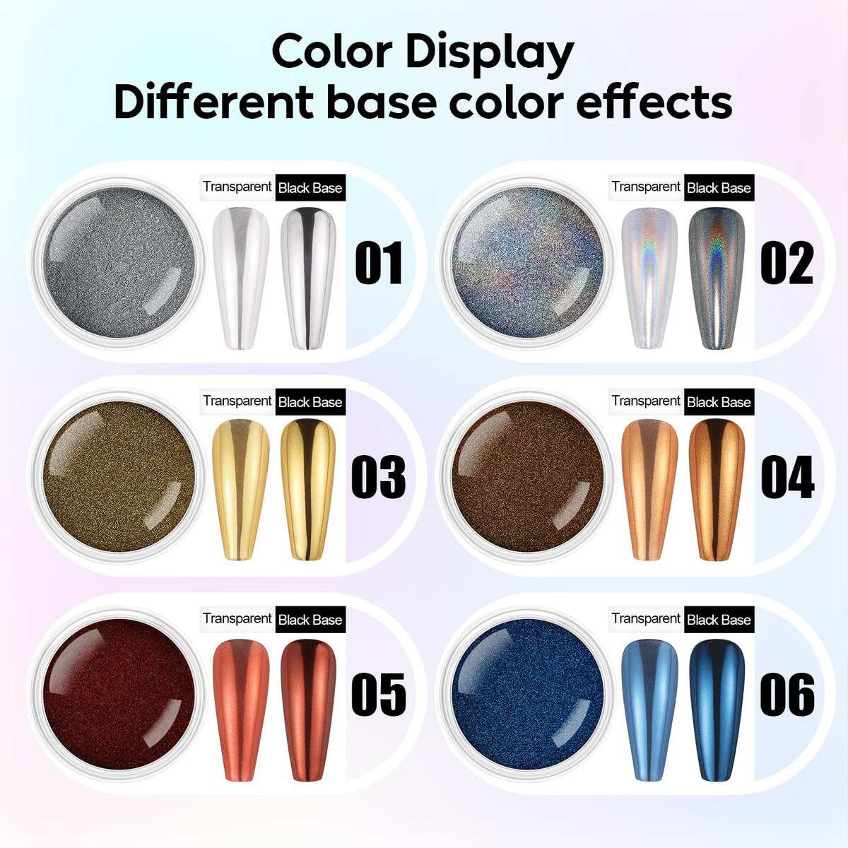AIMEILI Chrome Nail Powder, Vegan, Cruelty Free, 6 Colors Mirror Effect Holographic Chameleon