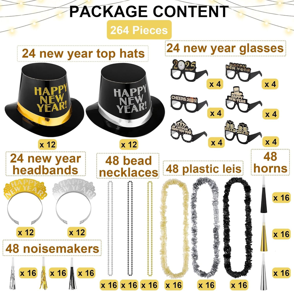 Fovths 264 Pieces 2025 New Years Eve Party Supplies Includes Glasses Top Hats Headband Noisemakers