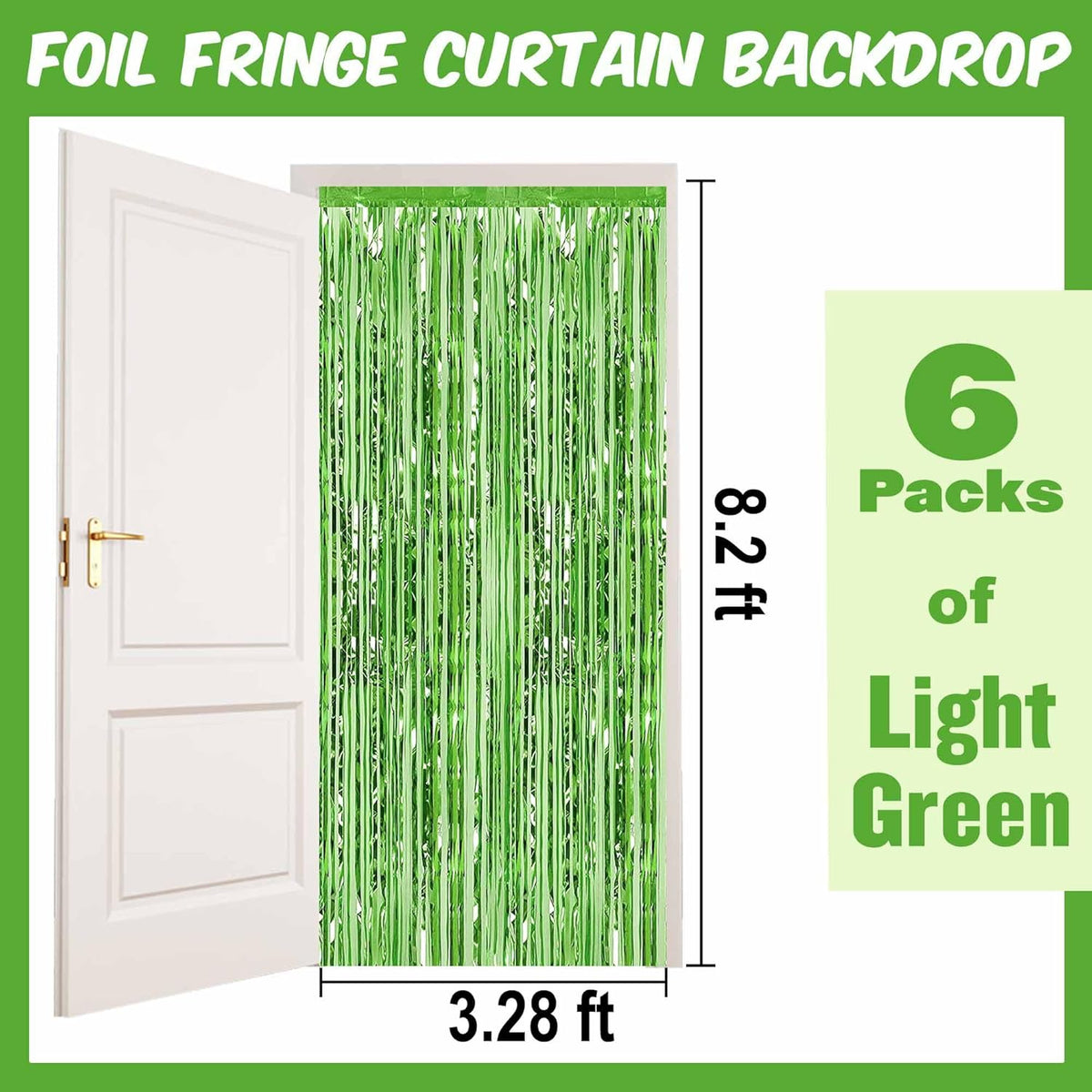 6 Pack Light Green Foil Fringe Curtains Backdrop, 3.28 x 8.2 Ft Metallic Streamers Tinsel Curtains