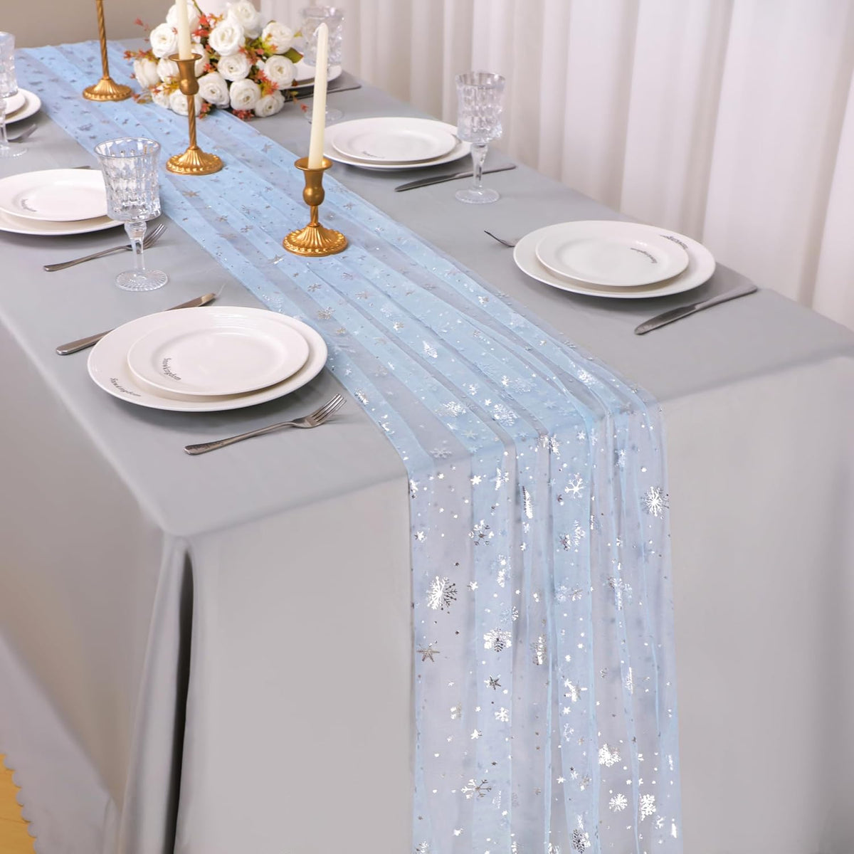 Snowkingdom Silver Snowflake Christmas Table Runner, 10ft Blue Cheesecloth Gauze Sheer Chiffon 120