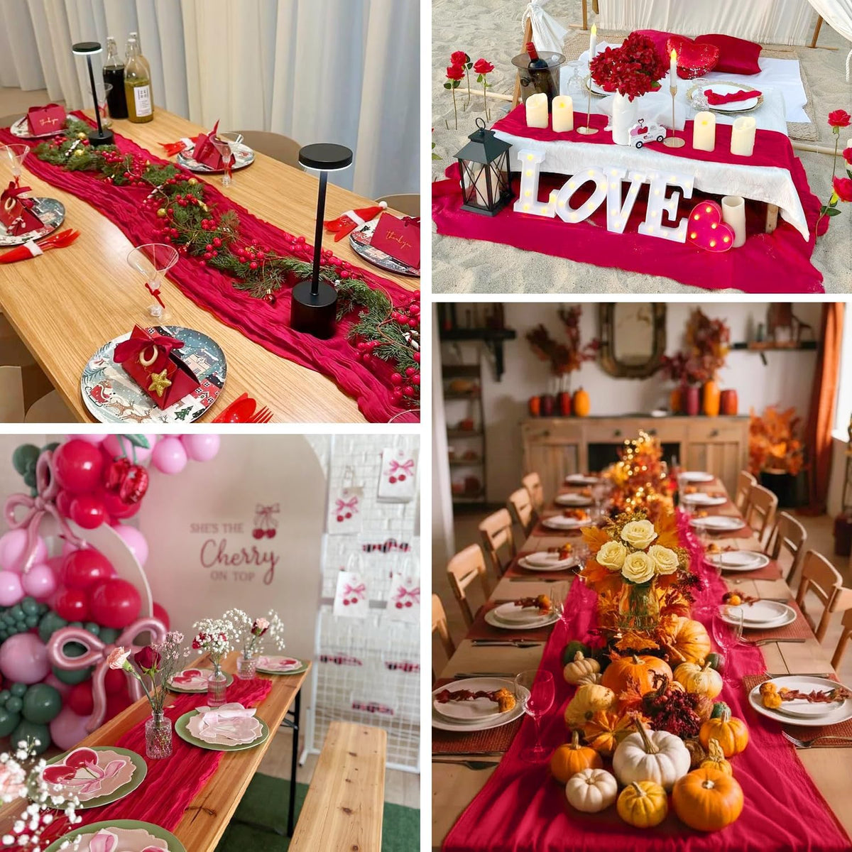3 Pack Red Cheesecloth Table Runner Gauze Christmas Table Runner 35x120 Inch Rustic Boho Cheese