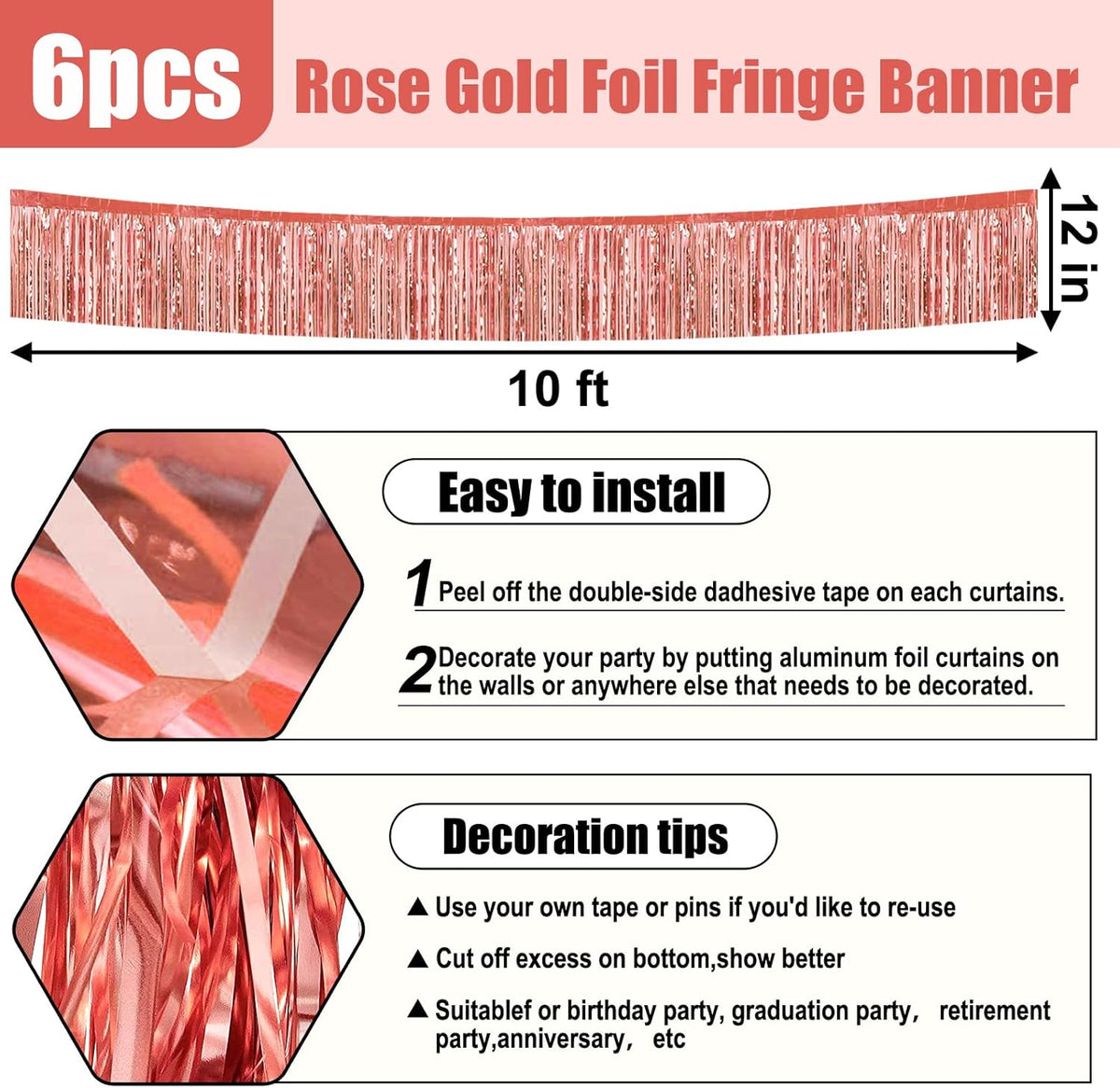 6 Pack 10 Feet Rose Gold Foil Fringe Garland Metallic Tinsel Streamers Banner Wall Hanging Curtain