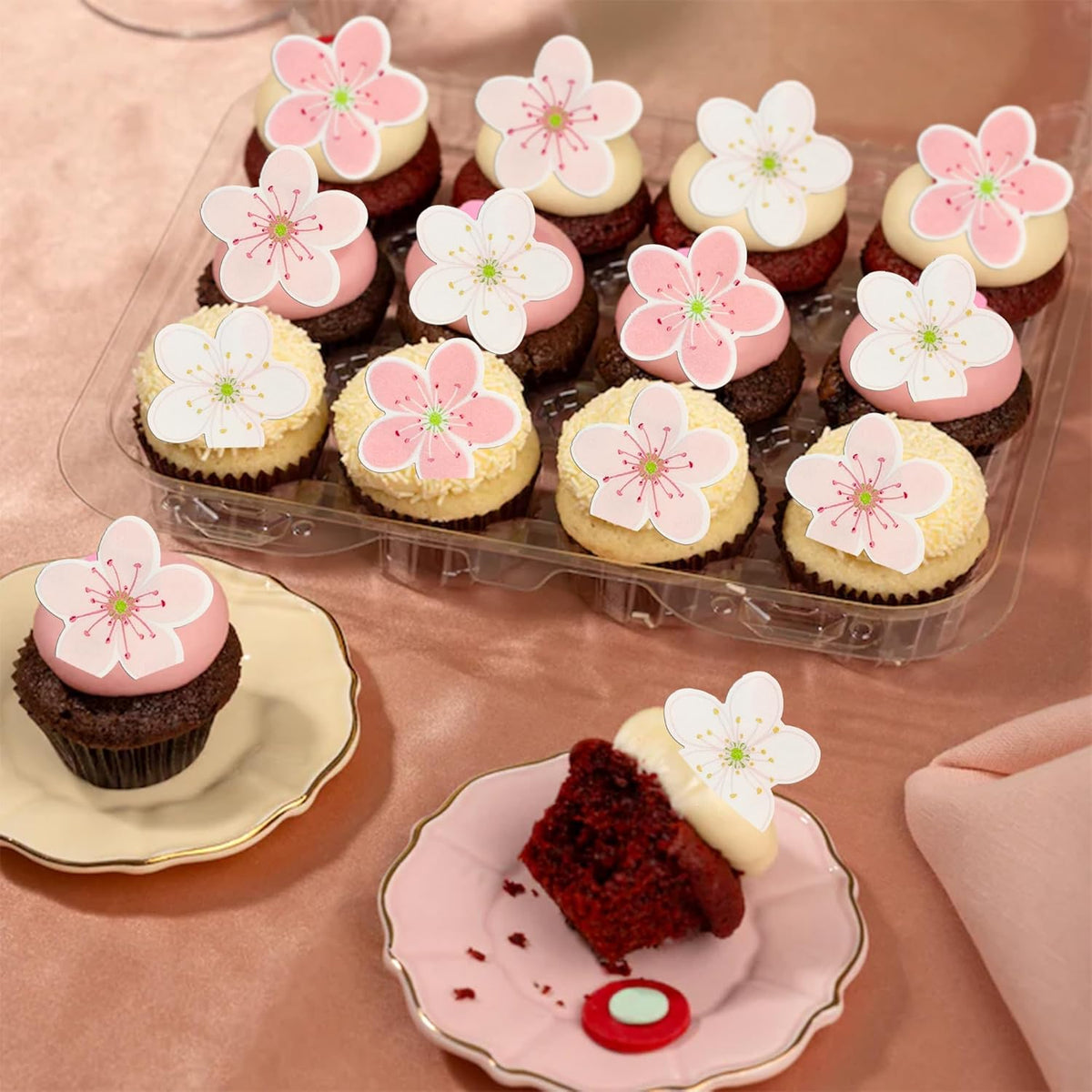 Ephlyn 54Pcs Edible Cherry Blossom Cake Decoration Spring Flowers Cupcake Toppers Wafer Paper