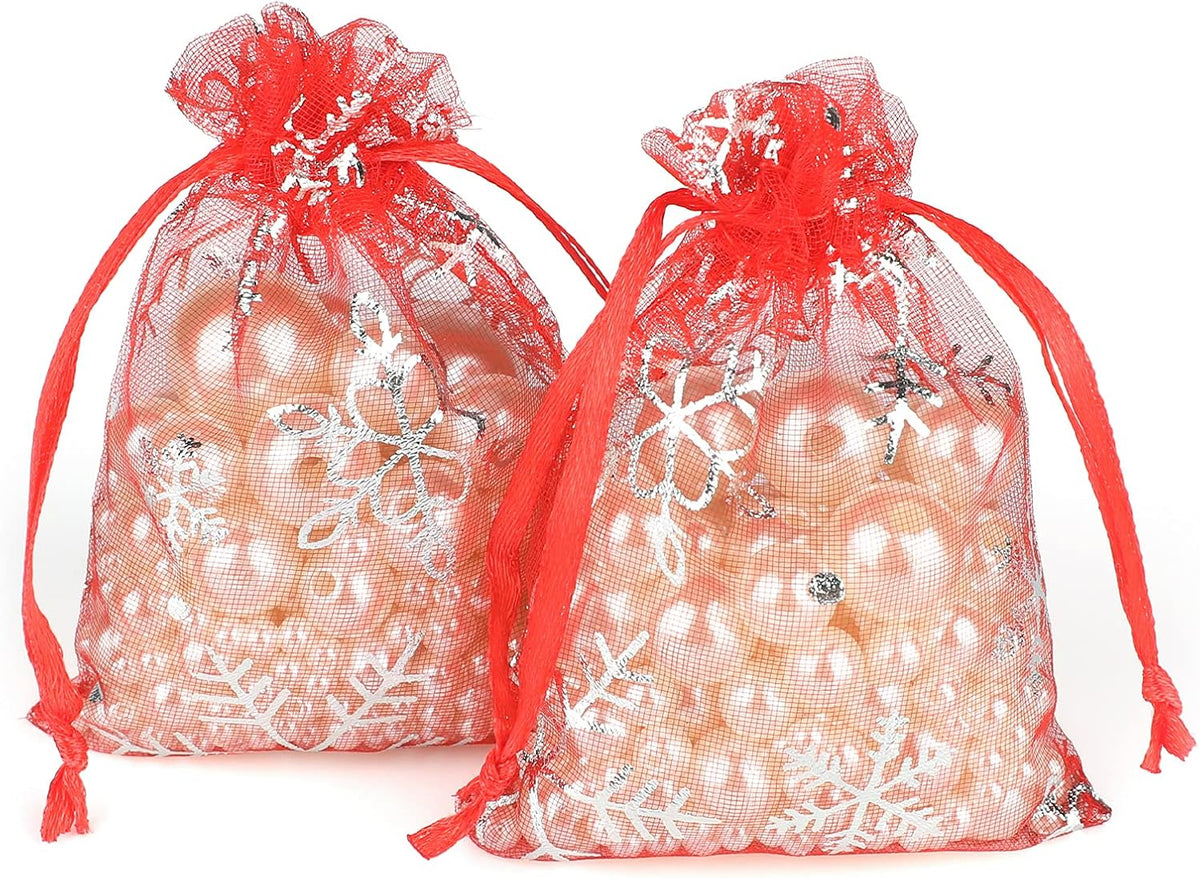 jijAcraft 3x4 Inch Christmas Organza Bags - 50Pcs Red Snowflake Gift Bags with Drawstring, Xmas
