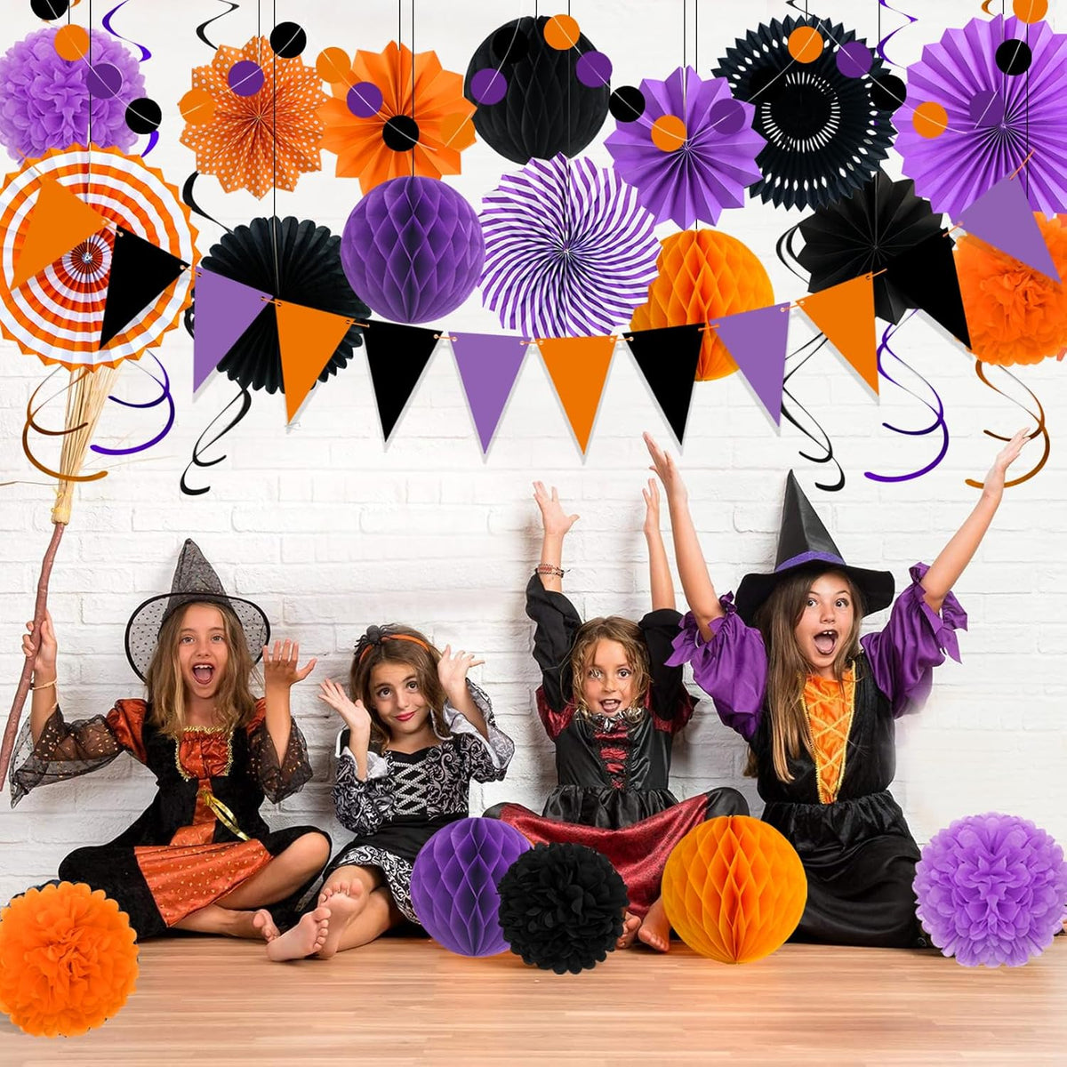 Halloween Party Decorations Paper Fans, Graduation Season Hanging Glitter Triangle Flags Banner