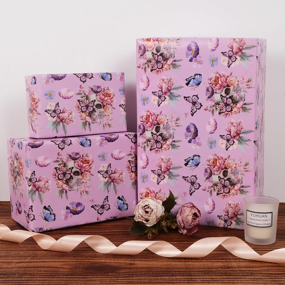 Aimyoo Gothic Wrapping Paper Roll, 17 Inch X 33 Feet Skull Floral Butterfly Design Gift Wrap Paper