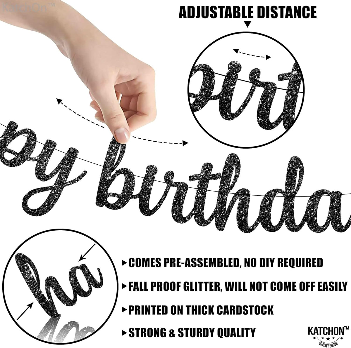 KatchOn, Glitter Cursive Black Happy Birthday Banner - Pre-Strung, 10 Feet | Happy Birthday Sign |