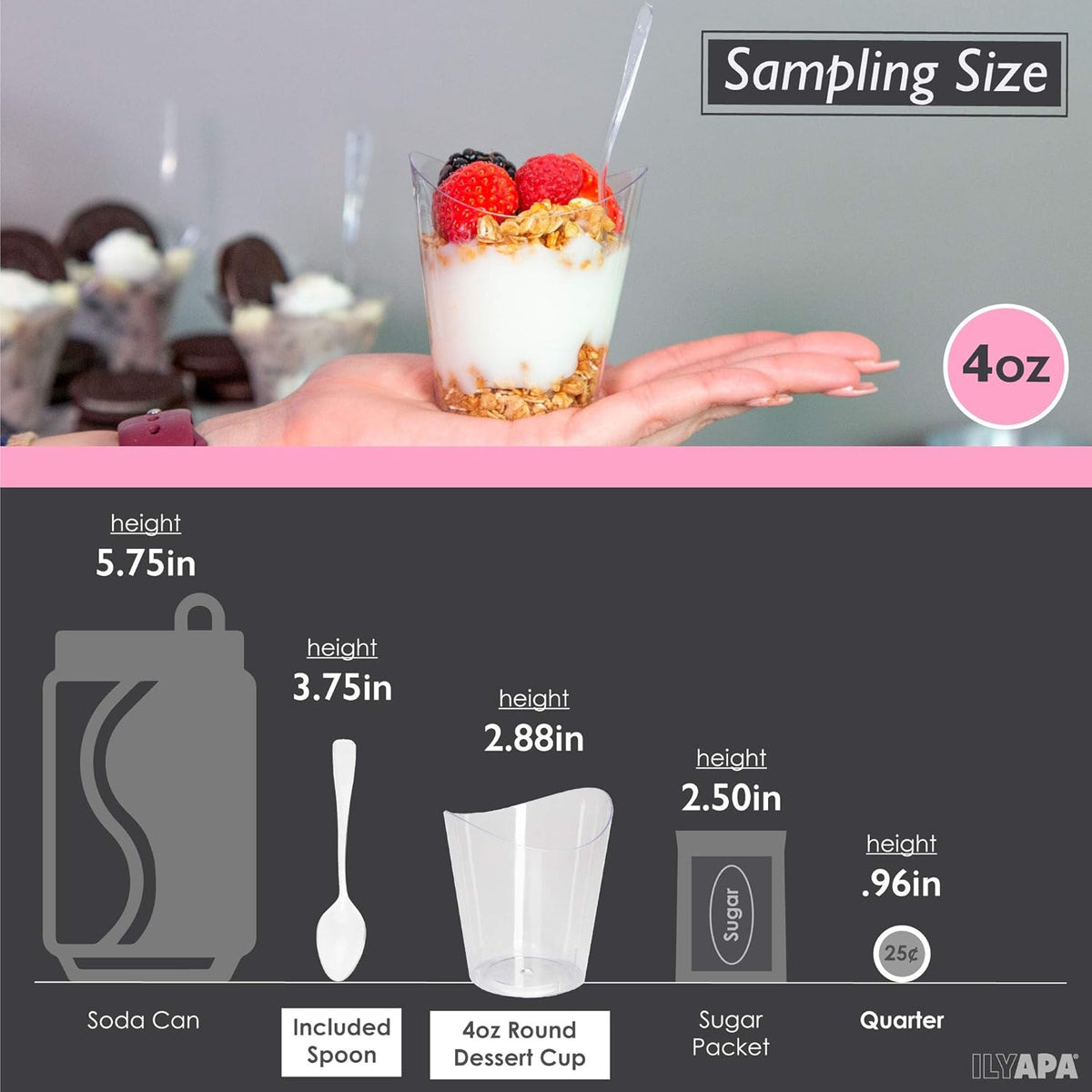 Ilyapa 4oz Plastic Dessert Cups - 100 Pack Mini Dessert Cups with Spoons - Clear Reusable Small