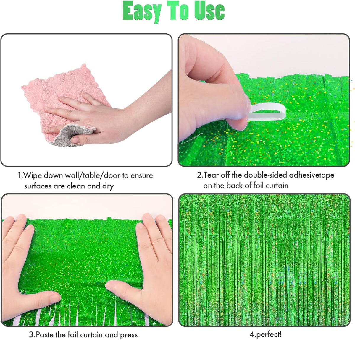 CANREVEL 2 Pack 3.3x8.2 Feet Laser Green Foil Fringe Backdrop Curtains, Tinsel Streamers Birthday