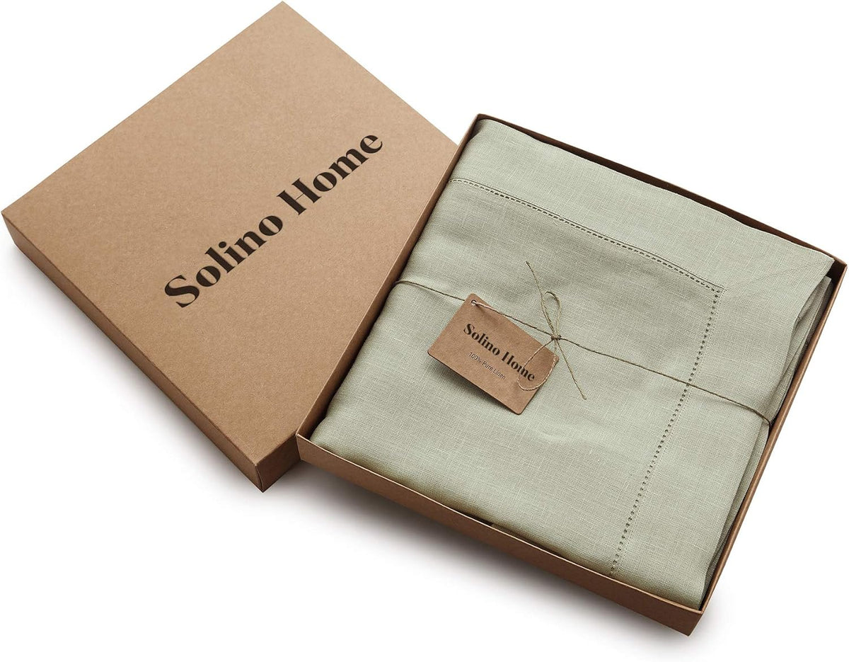 Solino Home Linen Tablecloth 60 x 108 Inch - Classic Hemstitch 100% Pure Linen Sage Green Table