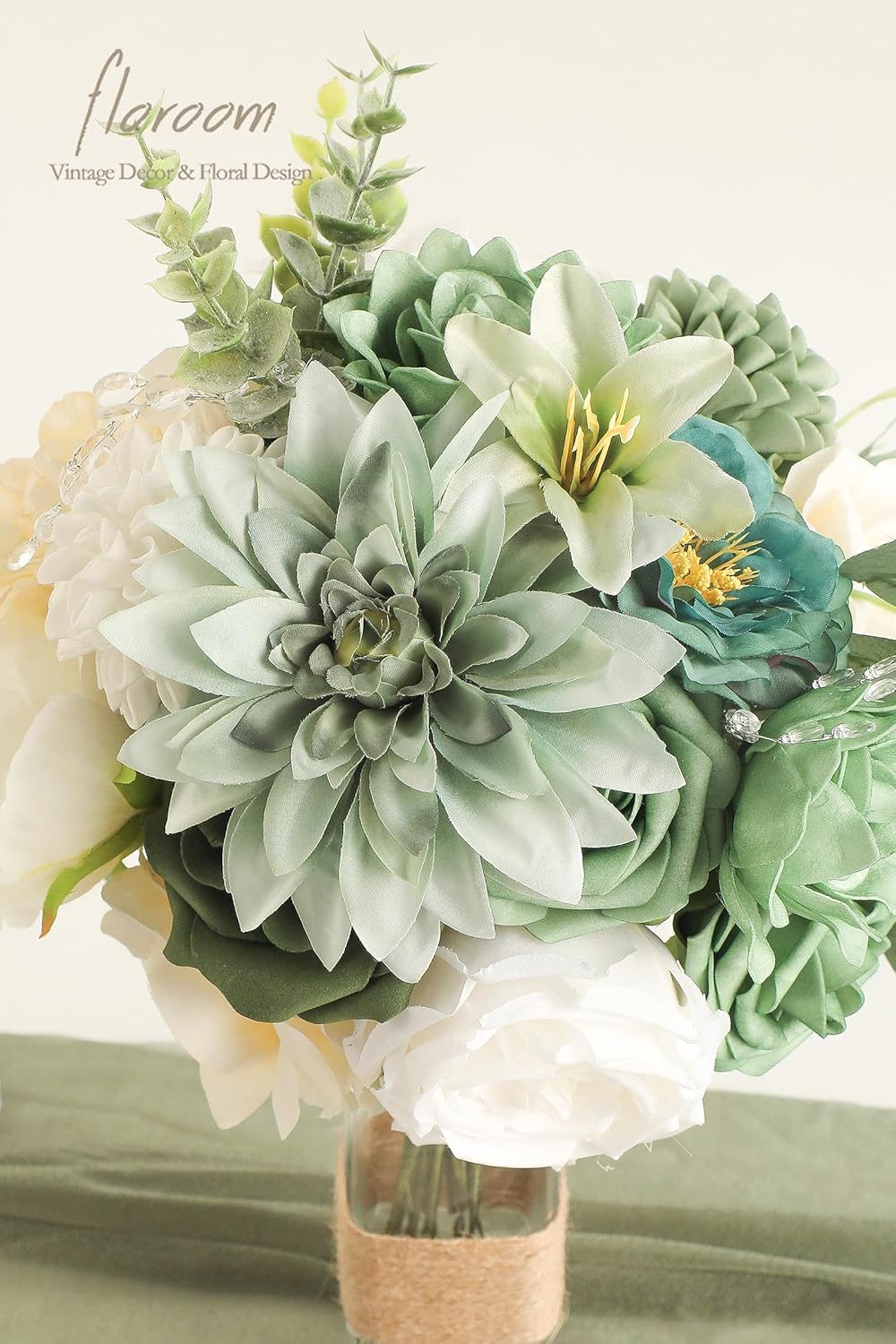 Floroom Sage Green Artificial Flowers Fake Roses Peonies Dahlia Greenery Combo Box Set for DIY