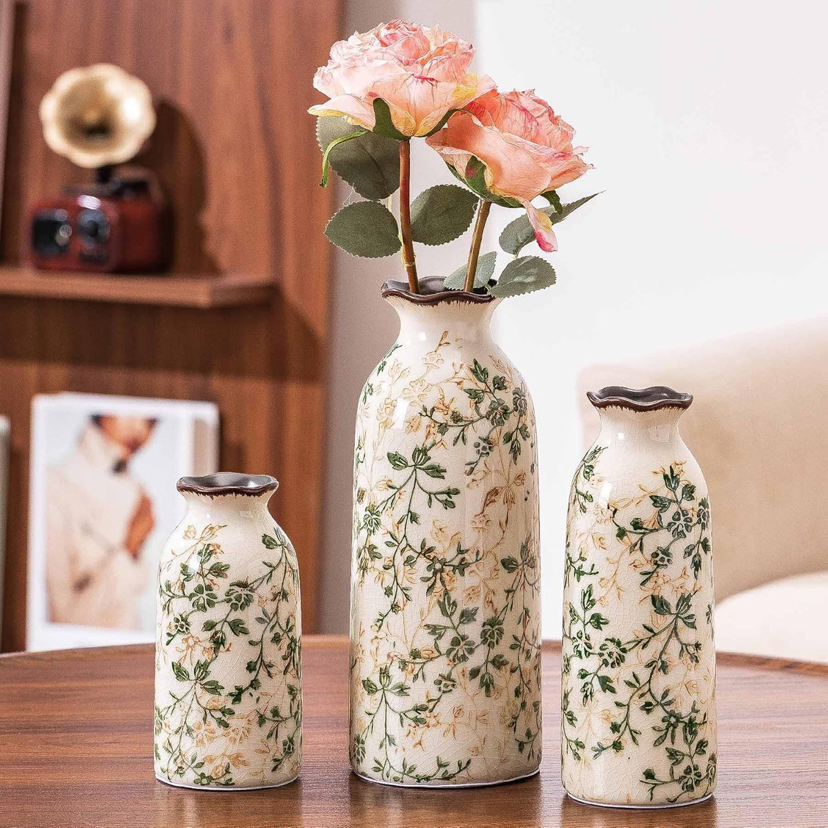 Ceramic Vase Set of 3, Vintage Green and Beige Vases Set, Flower Rustic Chinoiserie Vases Floral