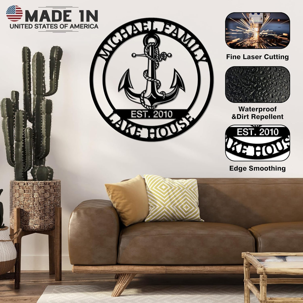 Personalized Metal Anchor Sign, Custom Family Last Name Sign, Nautical Outdoor Monogram Wall Art