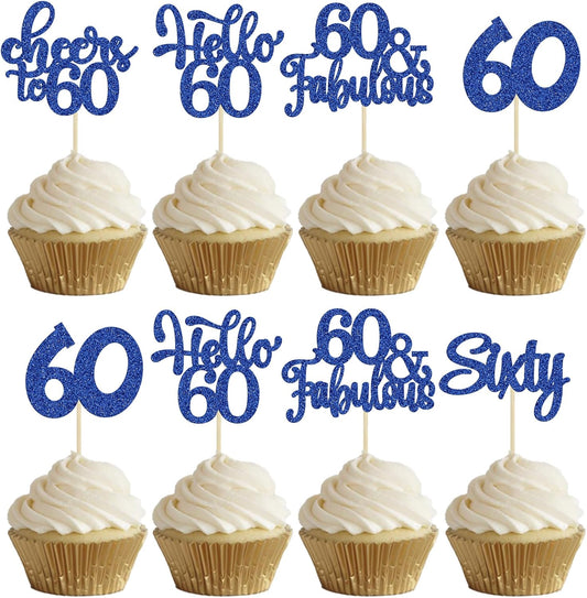 30Pcs Happy 60th Birthday Cupcake Toppers Deep Blue Glitter Sixty Cake Toppers Cheers to 60 Years
