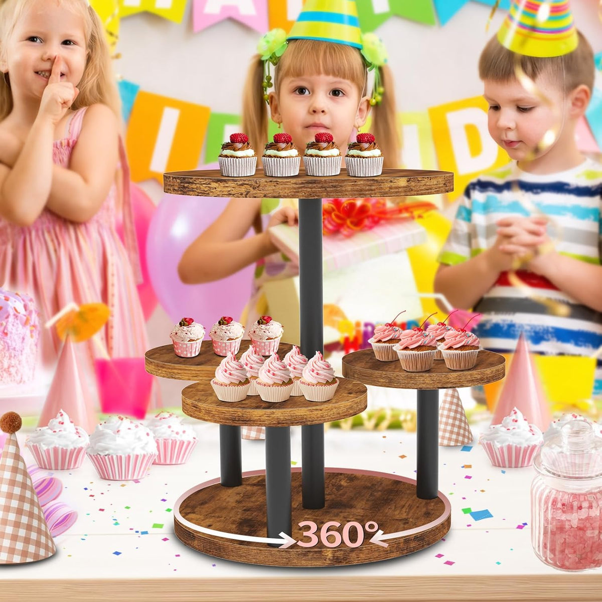 Cupcake Stand, 2 Pack Rotatable Cupcake Stand for 50 Cupcakes, Wood Cake Stand Cupcake Tower