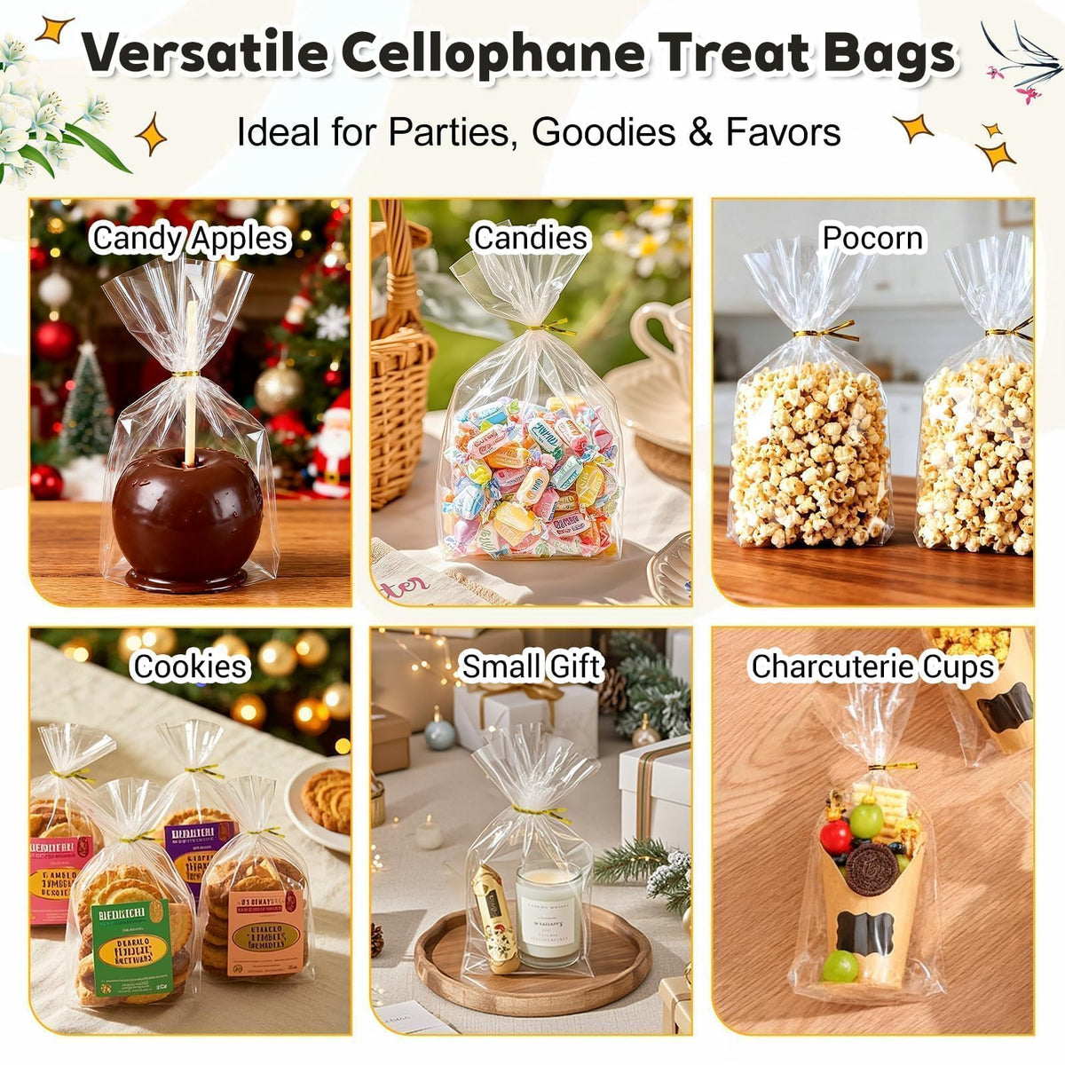 PigPotParty Cellophane Treat Bags 6x9 Inch, 50 Pack, Clear Goodie Bags