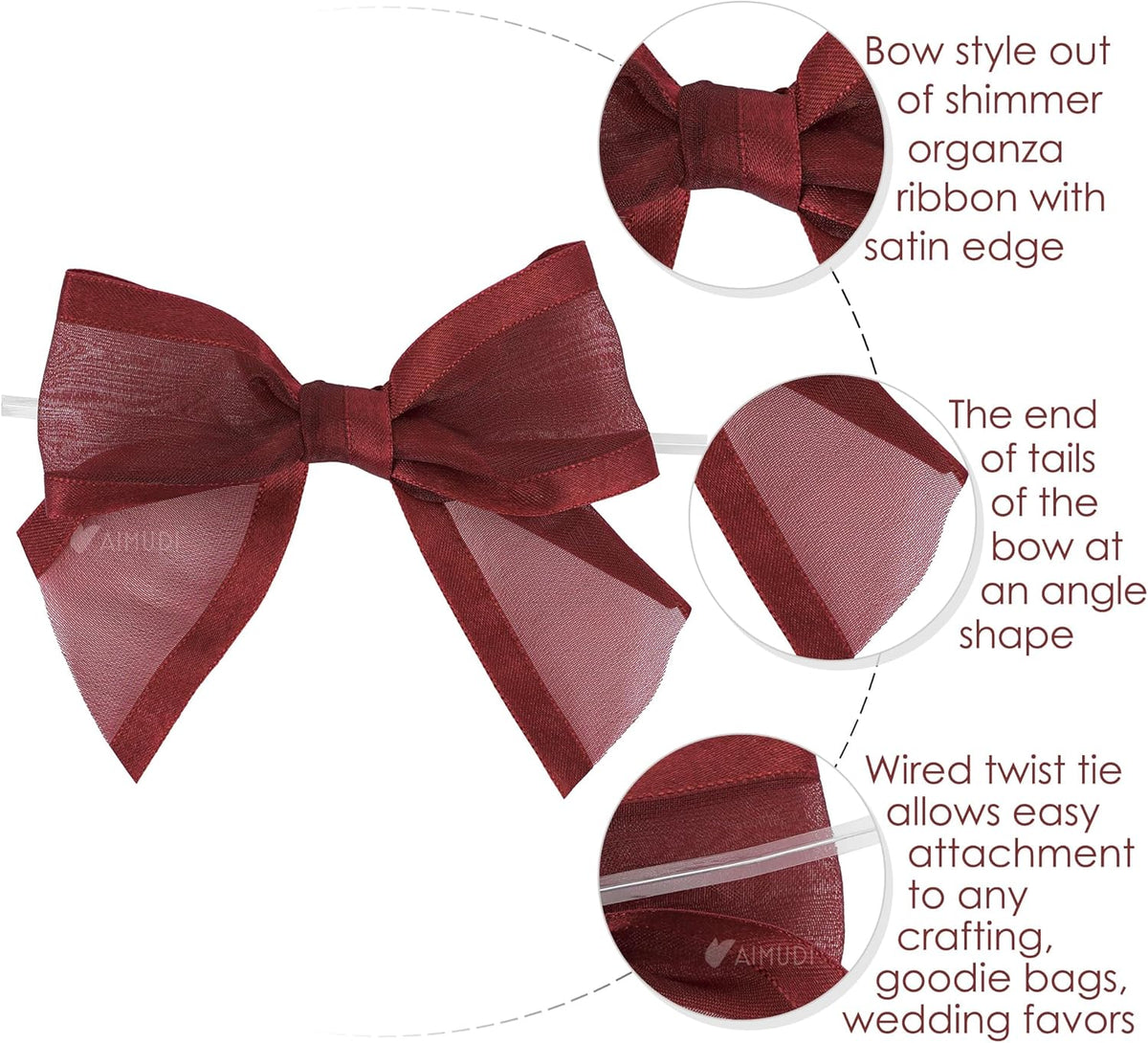 AIMUDI Burgundy Bows for Crafts 4" Organza Bows Premade Twist Ties Bows for Gift Wrapping Crafts