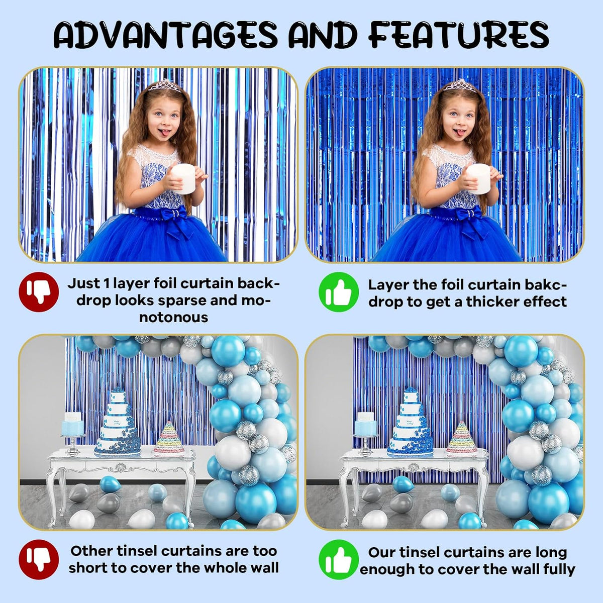 2 Pack Blue Foil Fringe Backdrop Curtains, Tinsel Streamers Birthday Party Decorations, Fringe