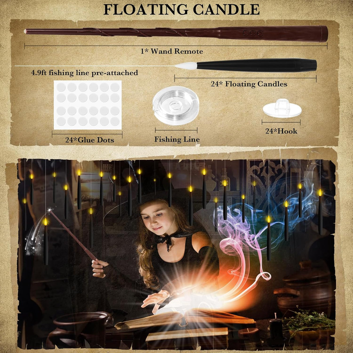 NURADA Floating Candles with Wand Remote Timer - 24 Pcs Magic LED Hanging Flameless Taper Candles