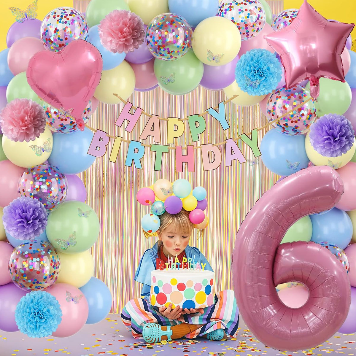 Pastel 6th Birthday Party Decorations for Girls Number 6 Balloon Happy Birthday Banner Butterfly