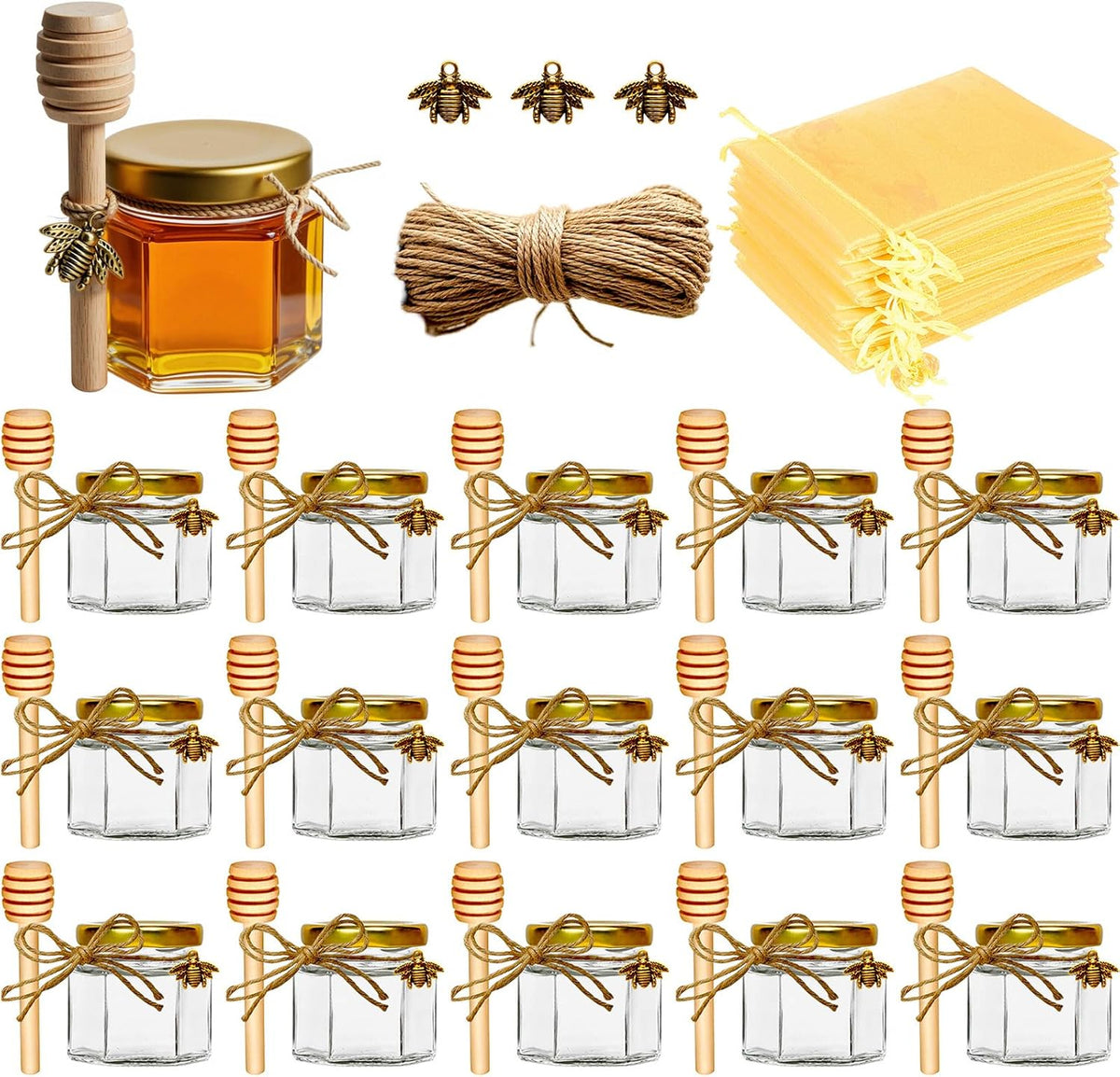Adabocute Honey Pot 2oz, Mini Glass Honey Jars with Wood Dipper, Gold Lid, Bee Pendants, Beige Gift