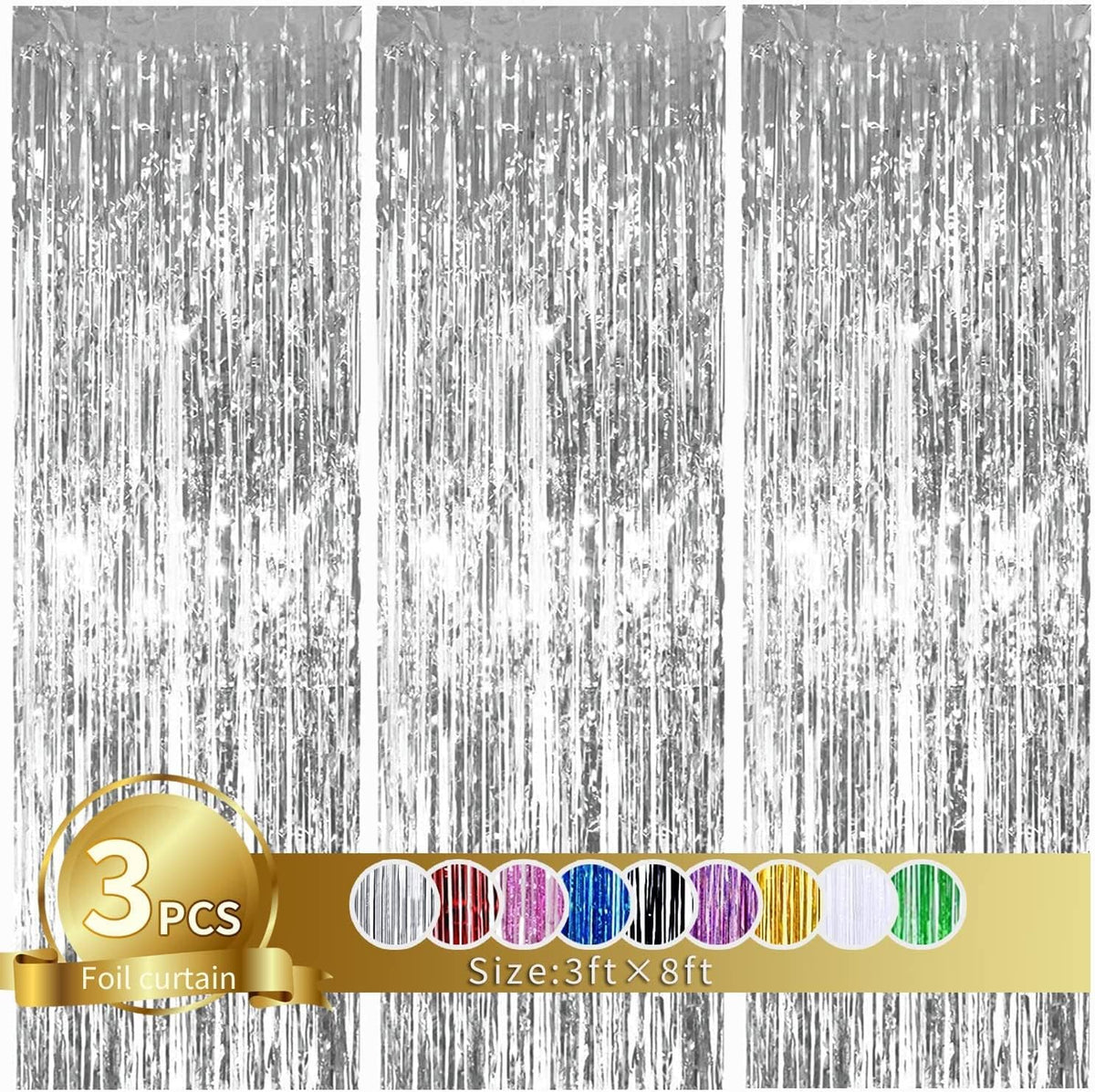 3Pcs Silver Metallic Tinsel Foil Fringe Curtains,3.2ft*8ft Silver Photo Booth Backdrop Streamer