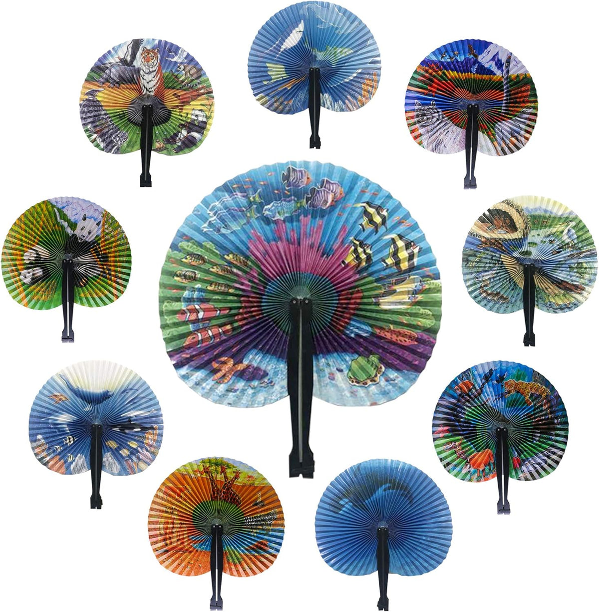 20 Pcs 10" Safari Print Animal Folding Paper Fan Bulk Assortment for Gifts,Weddings, Festival
