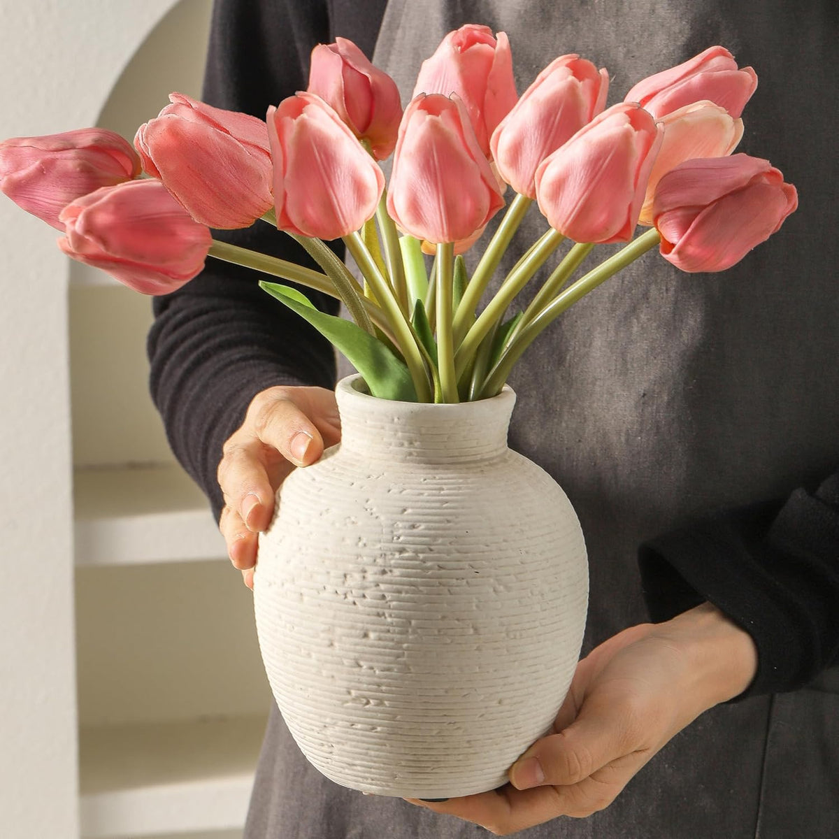 Ceramic Flower Vase Home Decor - Small Farmhouse Table Vases Rustic Vintage Living Room Kitchen
