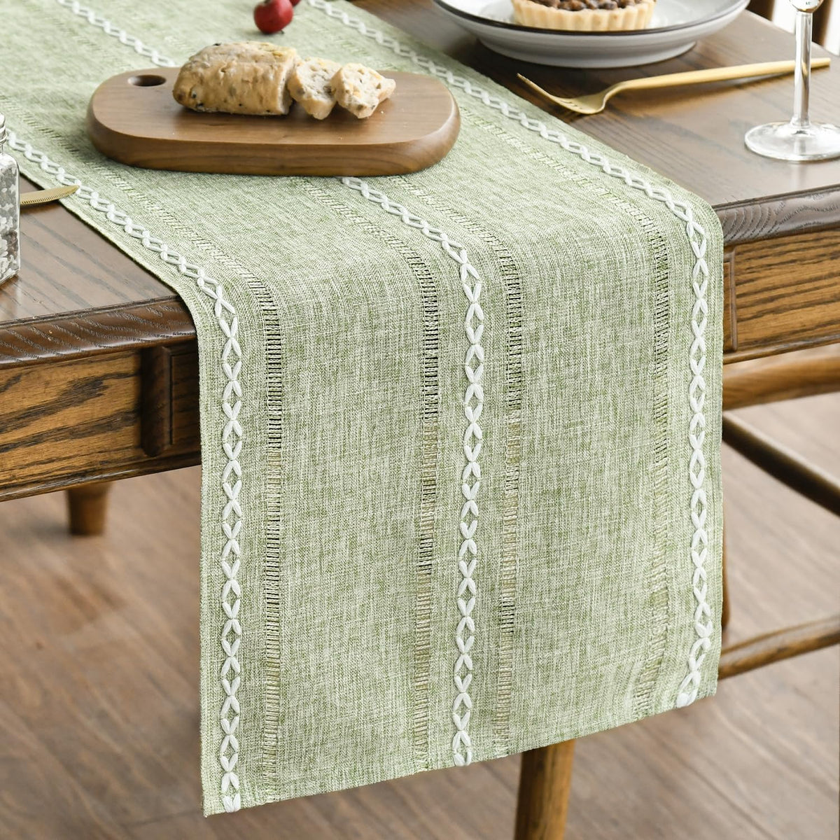 Artoid Mode Sage Green Rustic Cotton Linen Table Runner, Seasonal Embroidered Hollow Kitchen Dining