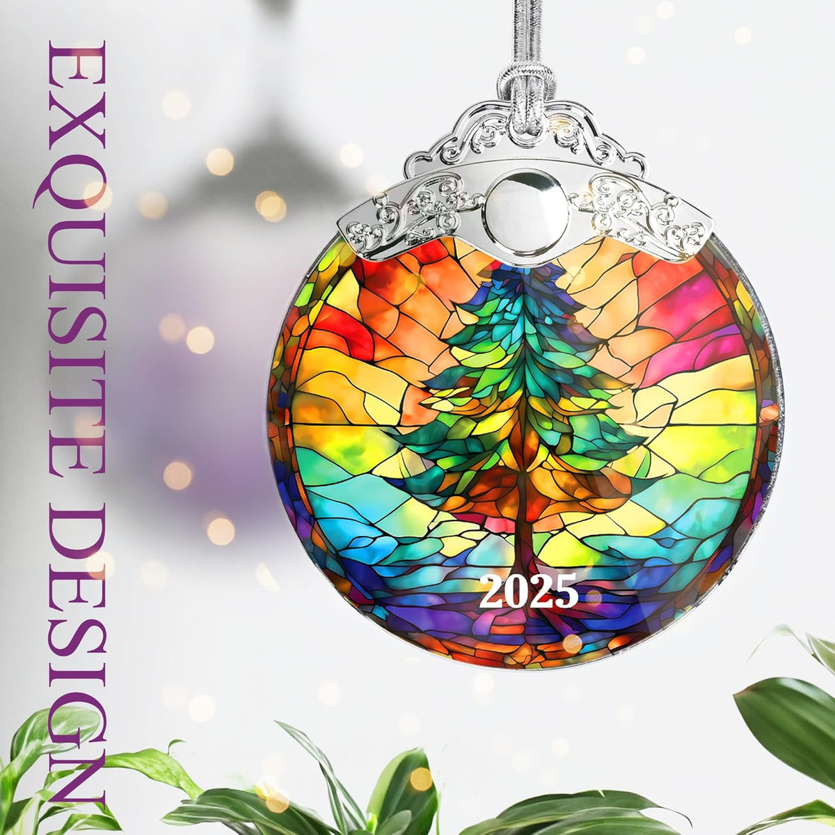 Christmas Tree Ornaments, Stained Glass Effect, 4 Inch Acrylic Ornament, White Elephant Gifts