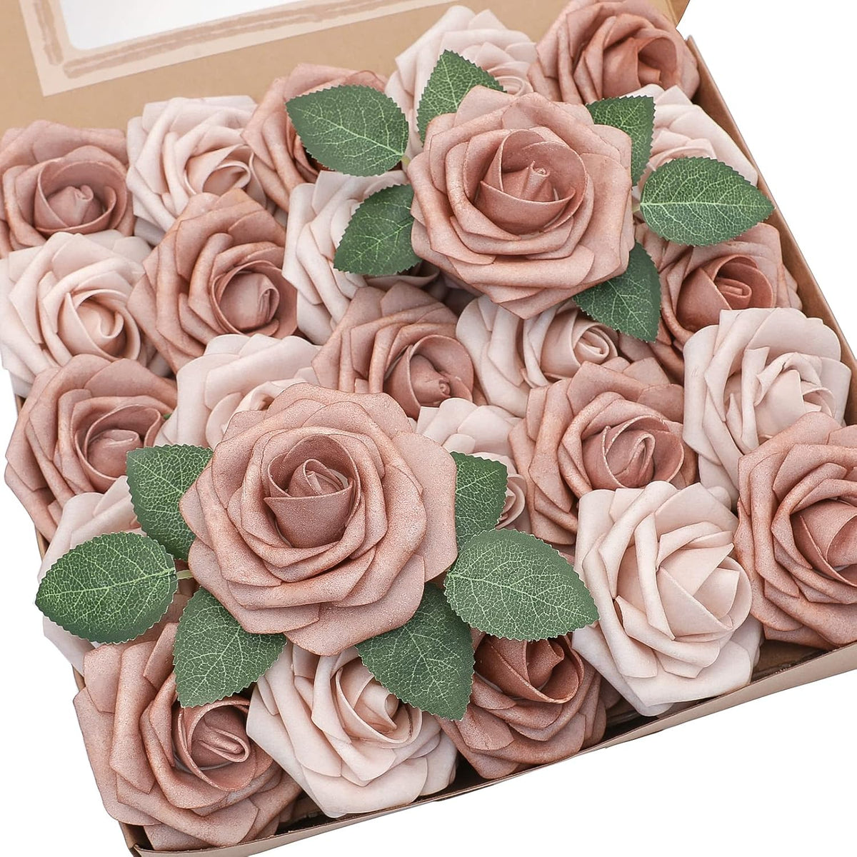 Floroom Artificial Flowers 25pcs Real Looking Warm Taupe & Nude Foam Fake Roses with Stems for DIY