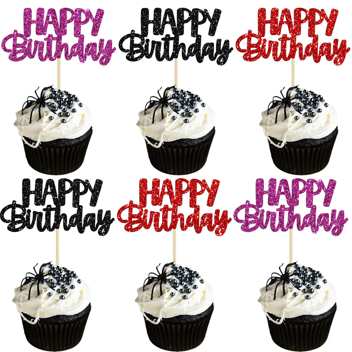 Gyufise 24Pcs Happy Birthday Cupcake Toppers Glitter Birthday Cupcake Food Picks for Celebrating
