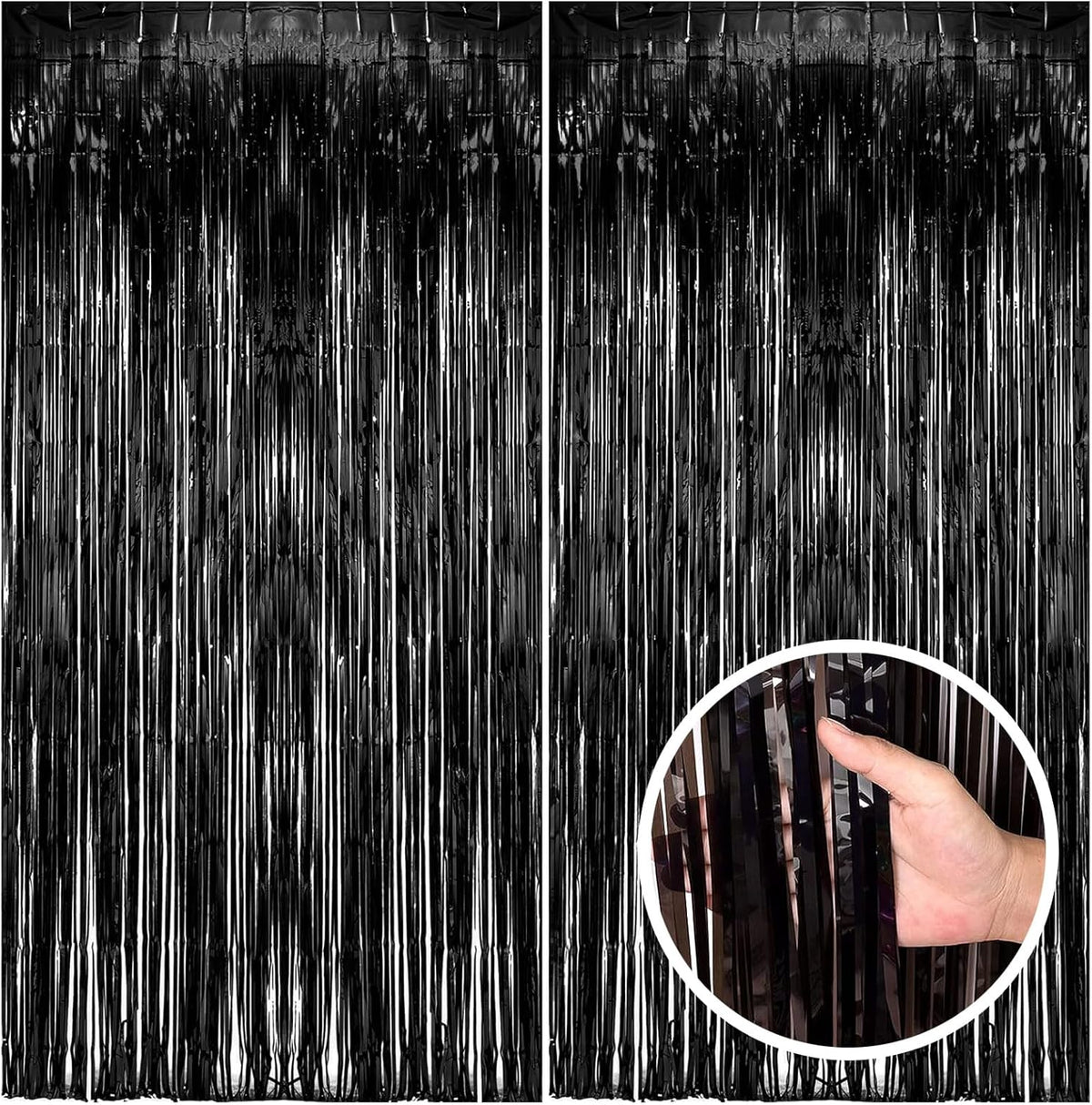 2 Pack Black Party Streamers Backdrop Tinsel Foil Fringe Curtains Halloween Party Decorations