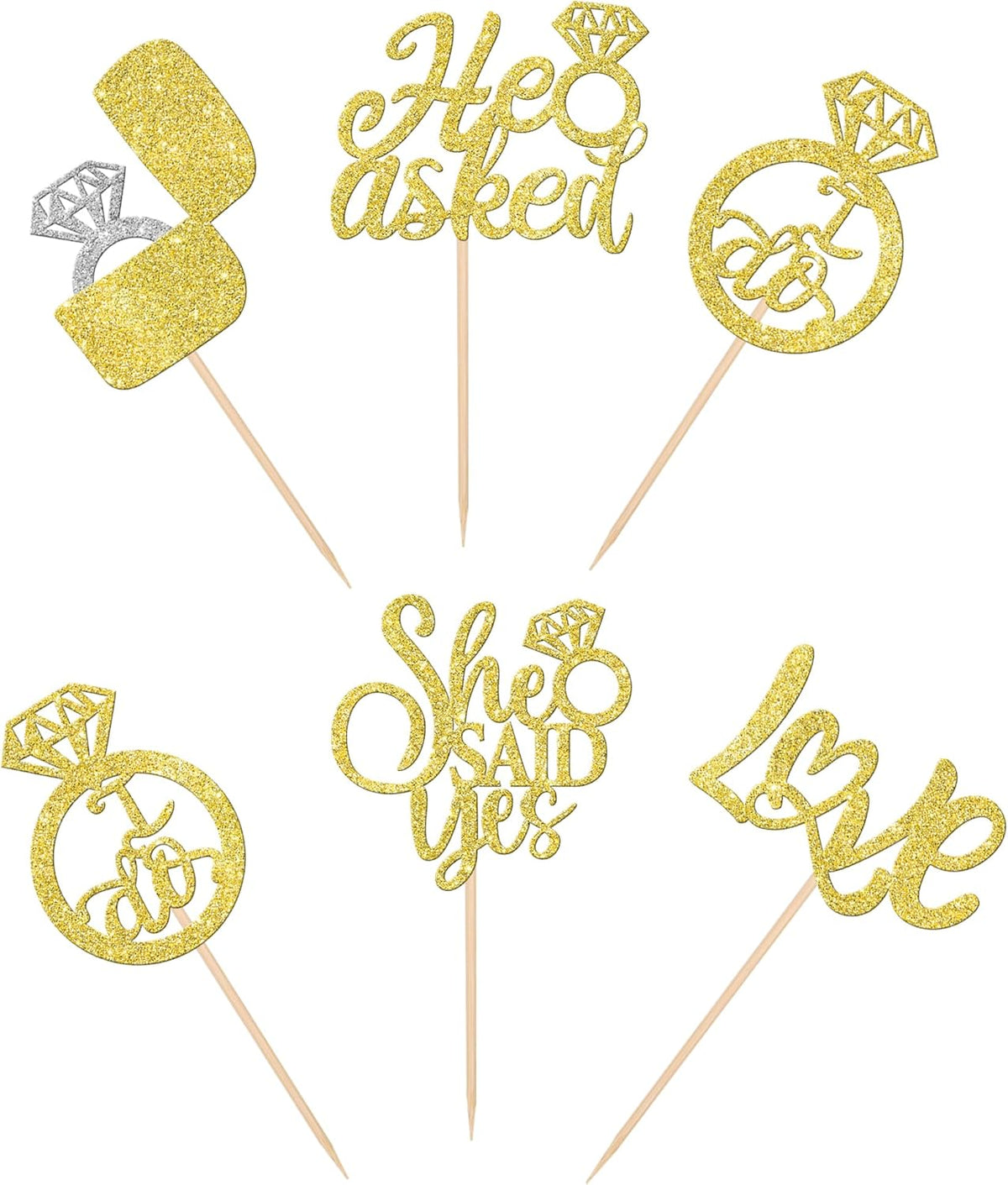 30 PCS He Asked She Said Yes Cupcake Toppers Love I Do Diamond Ring Cupcake Picks for Wedding